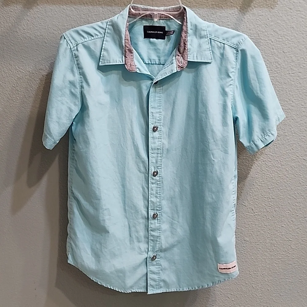 Calvin Klein Boys Button Down Shirt Teal Size Large